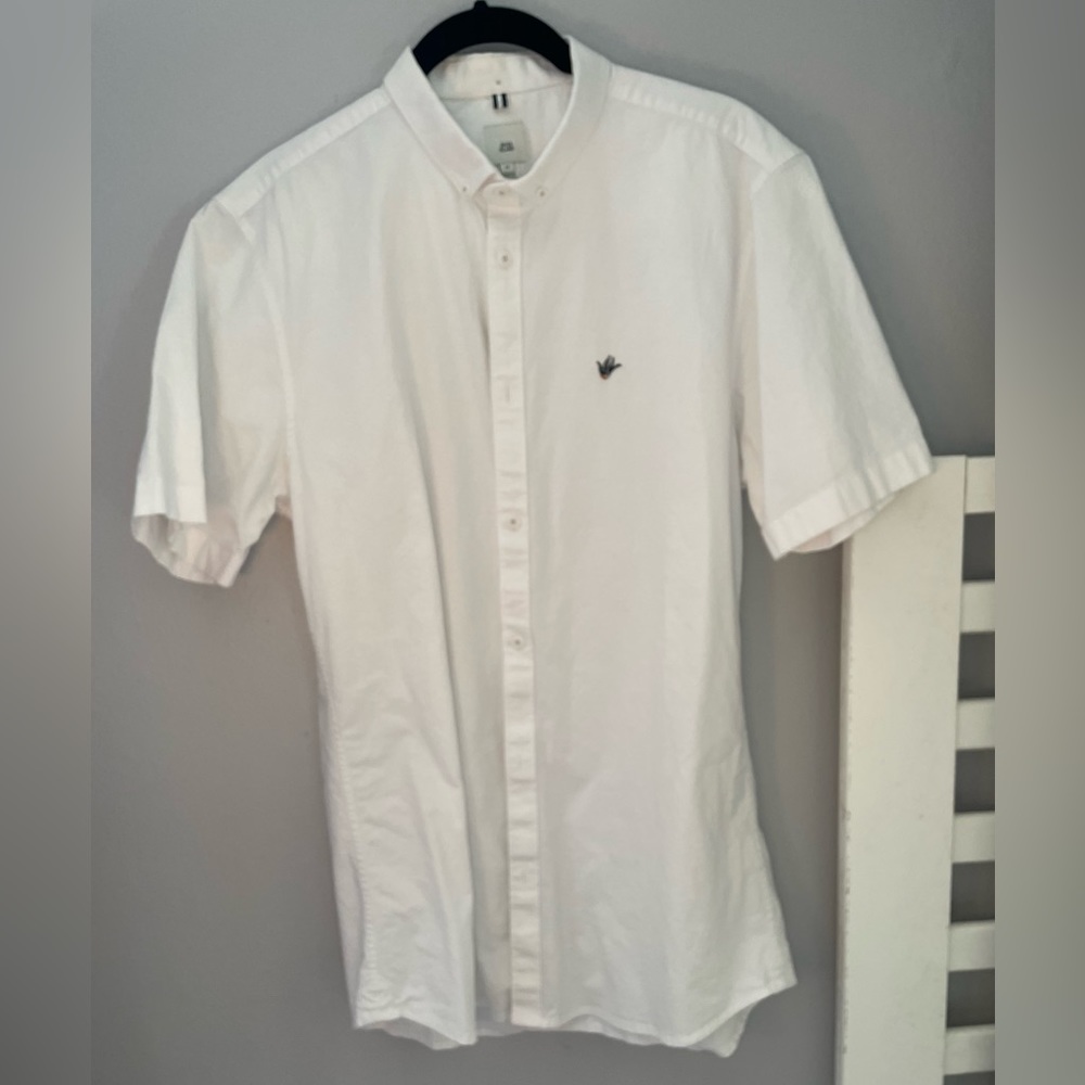 River Island White Short Sleeve Stretch Oxford Button Down Shirt Size Medium